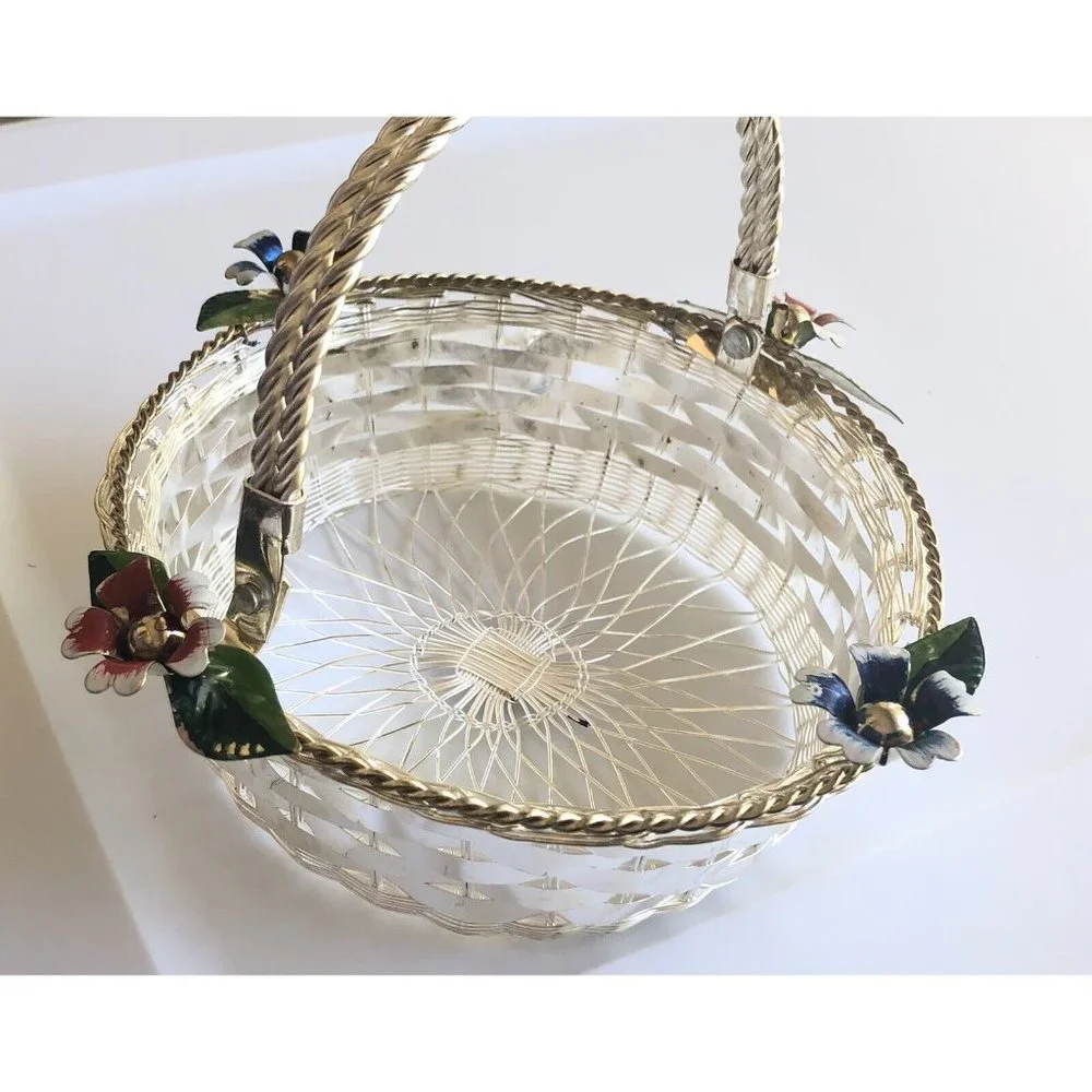 Vintage Hand Woven‎ Wire Basket Silver Plated Pretty Flowers Gift- NIB